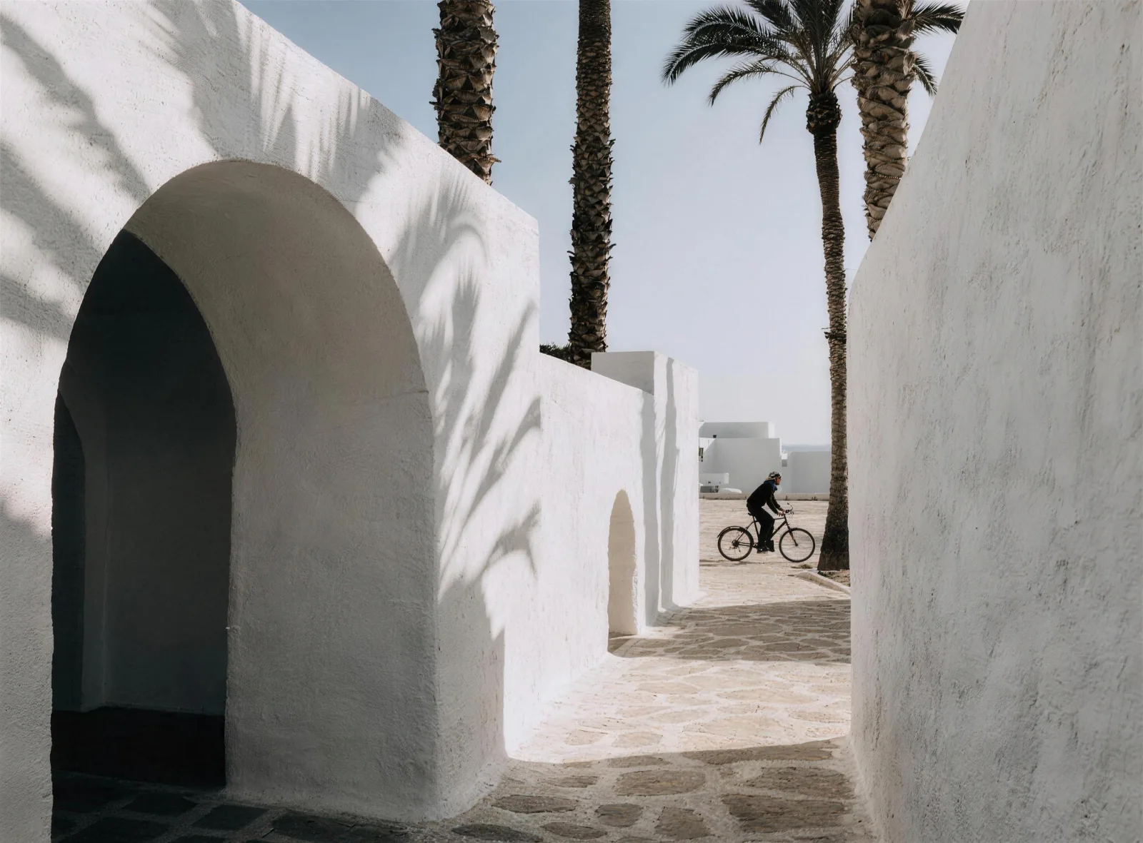 White masonry courtyard walls under palms with long morning shadows
